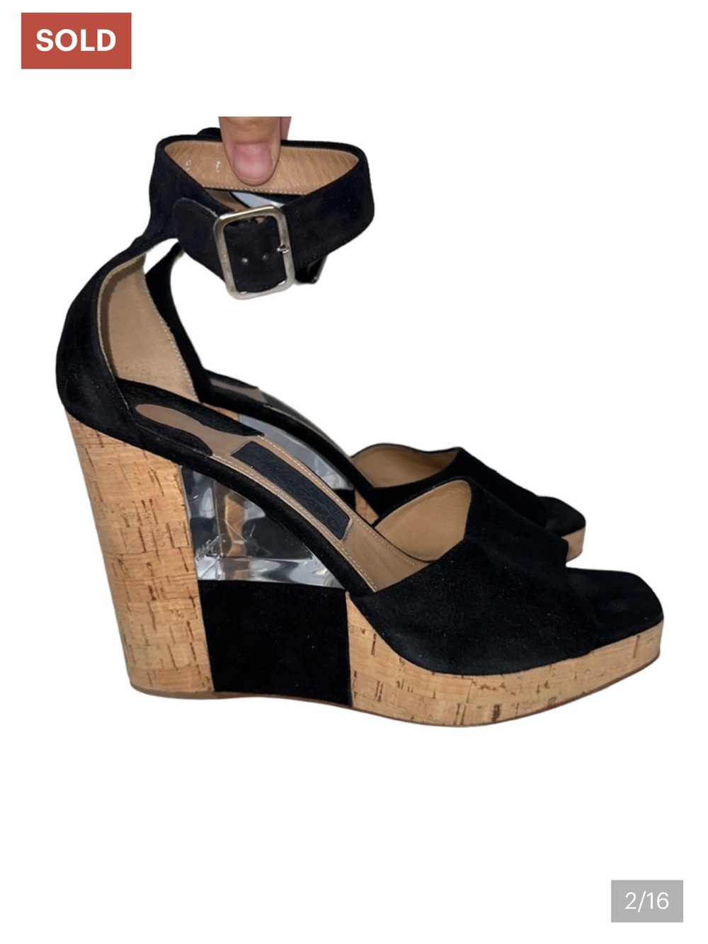 Salvatore Ferragamo Black Suede Cork Platform Wedge Sandals